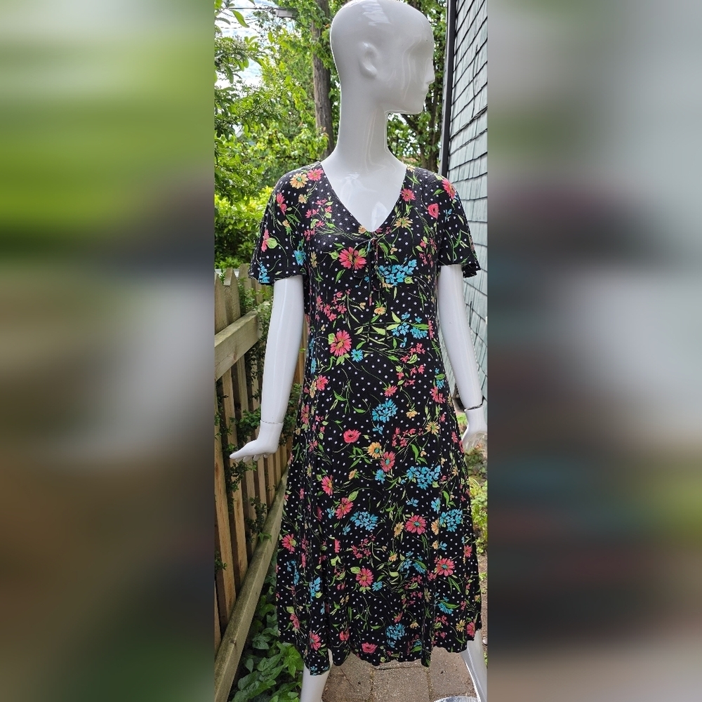 Erika Black Floral V-Neck Midi Dress with Pink, Blue & Green Accents